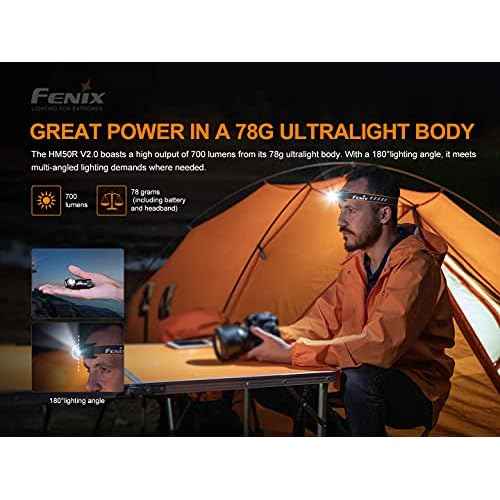 fenix HM50R v2.0 Headlamp, 700 Lumen USB-C Rechargeable Lightweight with White/Red Light, with Lumentac Organizer