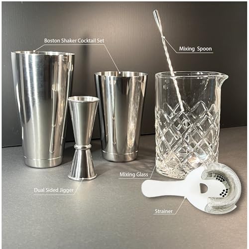 Lily's Home 6-Piece Boston Cocktail Shaker Set: Boston Shaker Cocktail Set,Mixing Glass, Mixing Spoon,Dual Sided Jigger an...