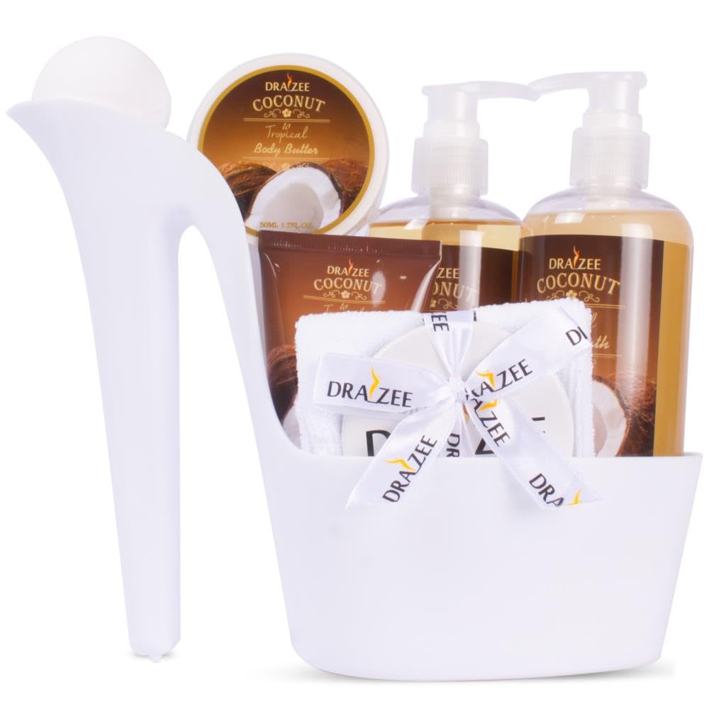 Luxury Spa Gifts for Women – 8 Pc Coconut Scented Bath and Body Set with Bubble Bath, Lotion & More – Luxury Self Care Kit for Wife, Mom, Best Friend, Girlfriend, Anniversary Gift by Draizee