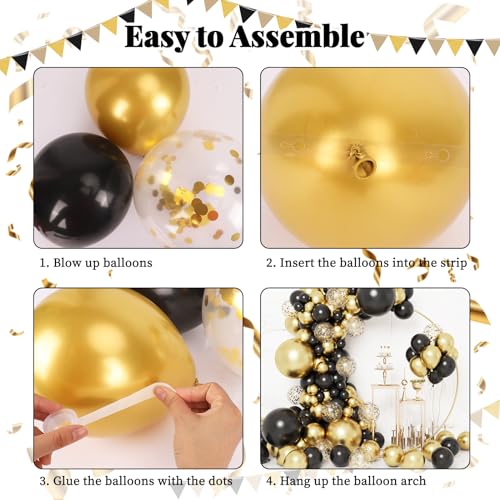 RUBFAC 130pcs Black and Gold Balloons, Black Metal Gold and Metallic Confetti Gold Balloons for 2026 New Year Graduation C...