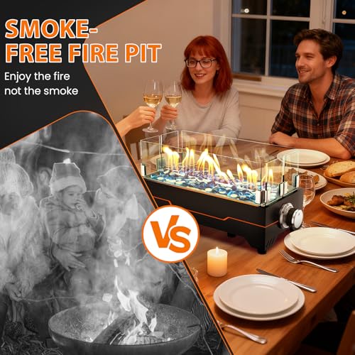 GRISUN Tabletop Fire Pit,15 Inch Propane Fire Pit Table,30000 BTU Table Top Firepit with Glass Wind Guard,Stainless Steel ...
