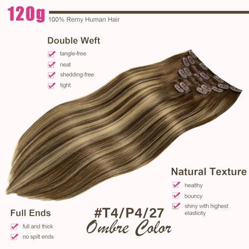 Clip in Hair Extensions Real Human Hair 120g 7pcs Human Hair Clip in Extensions 16 Inch Chocolate Brown Mixed Caramel Blonde #4/27/4 Thickened Straight Real Hair Extensions Clip in Human Hair