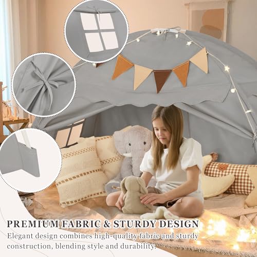 Twin Size Bed Tent Canopy, Kids Play Tent with Flags & Star Lights, Canopy on Bed Privacy Space Sleeping Blackout Tents, G...