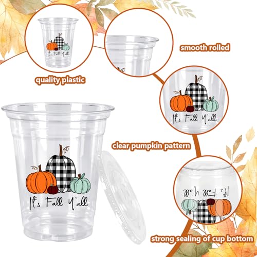 JarThenaAMCS 50Pcs Fall Plastic Cups with Lids and Straws Black White Plaid Pumpkin Clear Plastic Cups 12oz Pumpkin Dispos...