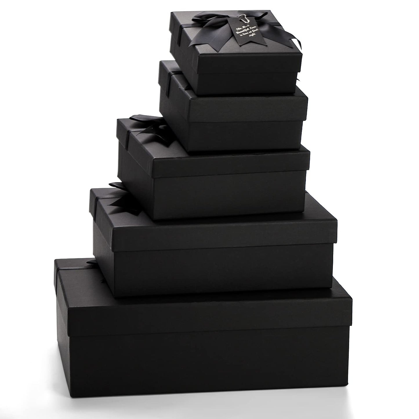 ZENFUN 5 Pack Black Nested Gift Boxes with Lid for Valentine's Presents, 5 Sizes Luxury Packaging Box with Ribbon Bows and Label Gift Wrap for Thanksgiving Birthday, Weddings, Mother's Day 13.7'' to 5.1''