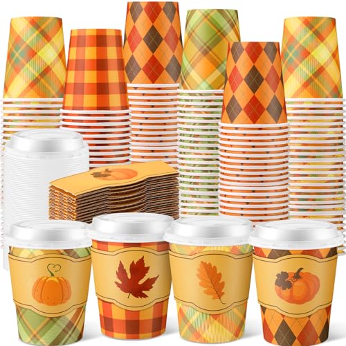 Mimorou 100 Pcs Christmas Disposable Coffee Cups with Lids and Sleeves Bulk 8oz Paper Cup Xmas Cups for Coffee Hot Cocoa B...