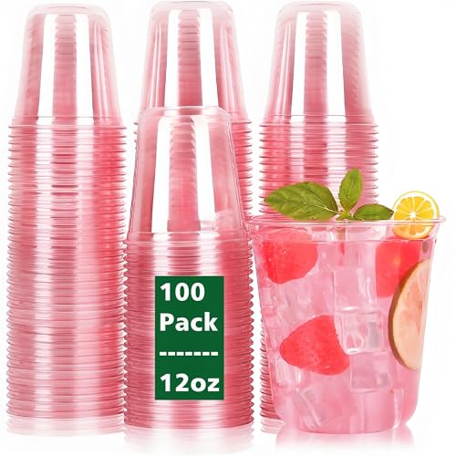 Benestanti 100 Pcs Pink Plastic Cups,12oz Disposable Stemless Wine Glasses for Cocktail,Cute Plastic Cups,Cocktail Wine Gl...