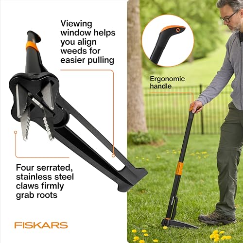 Fiskars 4-Claw Stand Up Weed Puller Tool, Gardening Hand Weeding Tool with 39" Long Ergonomic Handle with Easy-Eject Mecha...