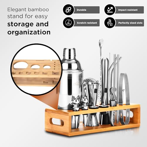 TEAVAS Mixology Bartender Kit with Japanese Jigger & Bamboo Stand - 25 Piece Stainless Steel Cocktail Making Set, Shaker, ...