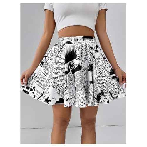 WDIRARA Women's Newspaper Graphic Print Skorts High Waist Flowy Athletic Skirts with Shorts Underneath