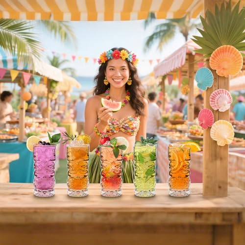 Hacaroa 8 Pack 17 Oz Plastic Tiki Cups, Clear Tiki Cocktail Mug Luau Cup Hawaiian Party Drinking Tumblers for Lemonade, Mi...