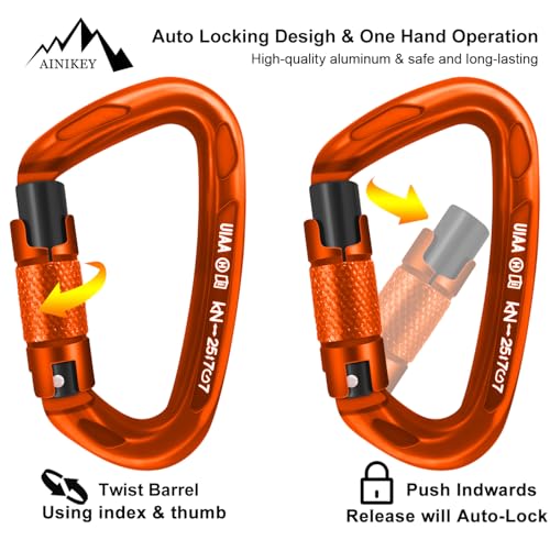 AINIKEY Climbing Carabiner Clips 25kN Auto Locking Carabiner, Professional Heavy Duty Large Locking Carabiner Clips for Ro...