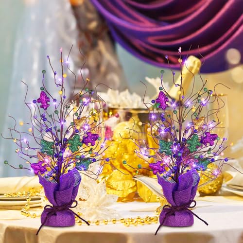 Anglechic 2 Pieces Lighted Mardi Gras Artificial Berry Blossom Table Tree 21 H Shinny Table Centerpiece Tree for Mardi Gra...