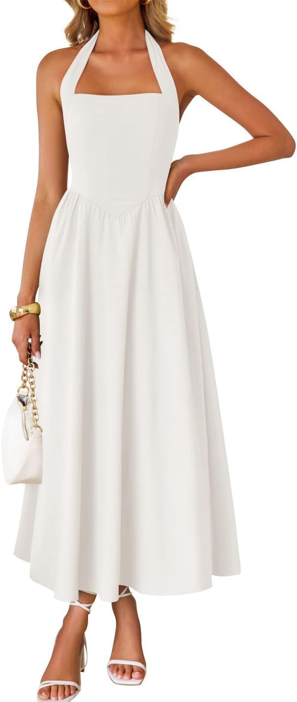 ZESICA Women's Summer Sleeveless Halter Midi Dress 2026 Off Shoulder High Waist Flowy Beach Wedding Guest Long Dresses