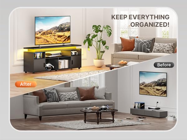 SUNCOZE TV Stand, Entertainment Center with LED Lights and Cabinet for 70/75/80 Inch TV, Modern TV Console Gaming Media Television Stands with Power Outlets for PS5 in Living Room and Bedroom, Black