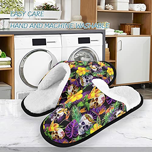visesunny Skull Tropical Exotic Flower Cozy Fuzzy Womens Memory Foam House Slippers Plush Fleece Indoor Outdoor Slipper