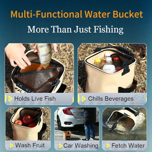 Collapsible Fishing Bucket 3.7 Gallon/14L - Portable Folding Live Bait Bucket with Aerator Pocket, Rope & Net for Live Fis...