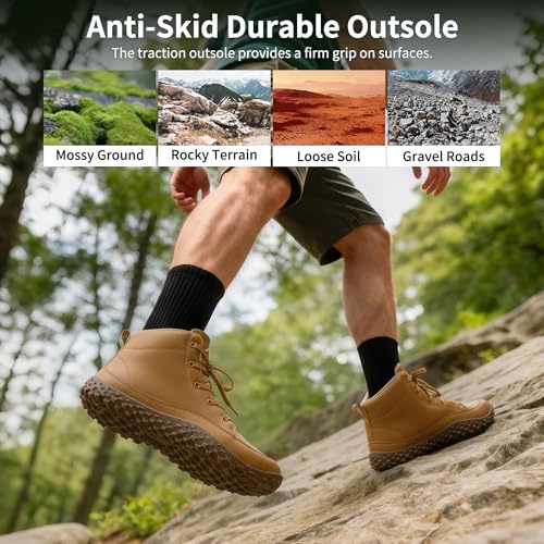 HARENCE Mens Wide Toe Barefoot Boots with Zero Drop Sole for Outdoor Camping Hiking Walking Non-Slip Waterproof
