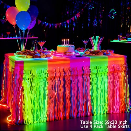 PIGETALE Glow in The Dark Party Supplies, 2 Pack Neon Fluorescent Wavy Metallic Tinsel Foil Fringe Table Skirts, 29.5x108 ...