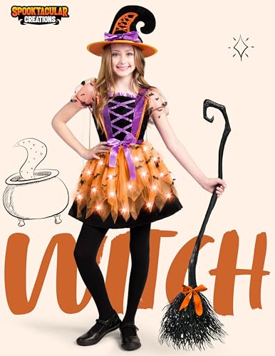 Spooktacular Creations Girls Light Up Witch Costume, Kids Witch Costume with Hat and Broom for Toddler Halloween Dress Party