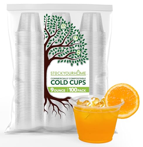 Stock Your Home 9 oz Clear Commercially Compostable Cold Cups (100 Pack) PLA Disposable Party Cup for Water, Wine & Beer