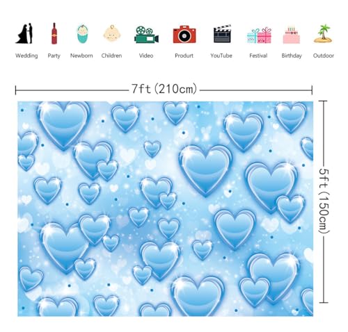 Blue Heart Photo Backdrop 7x5FT 2000s Romantic Valentine's Day Photography Background Sweet Birthday Party Wedding Decorat...