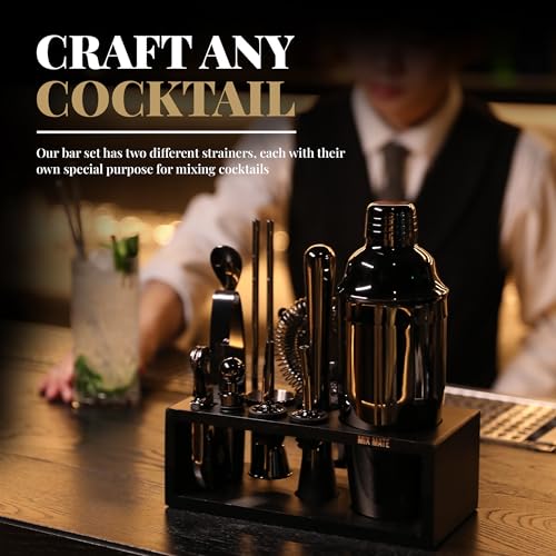 Black Stainless Steel Cocktail Shaker Set with Wood Stand - 15 Piece Bartender Kit with Drink Shaker, Bar Spoon, Jigger, M...