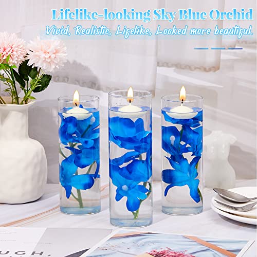 Juexica 28 Pieces Floating Flowers for Centerpieces Blue Orchid Flowers Vase Fillers Unscented Floating Candles for Weddin...