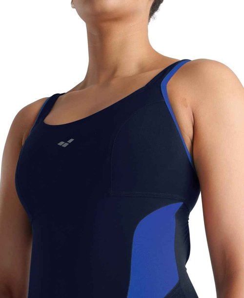 ARENA Bodylift Women's Makimurax B-Cup One Piece Shaping Swimsuit Strap Back Tummy Control Chlorine Resistant UV Protection, Navy/Bright Blue, Size 32