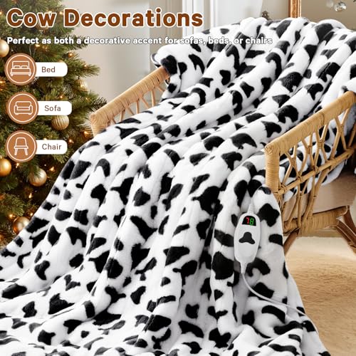 Black Heated Electric Blanket Throw,50X60 Cow Print Heating Blanket with 10 Heats Levels & 8 Hours Auto Off,Cute Cow Decor...