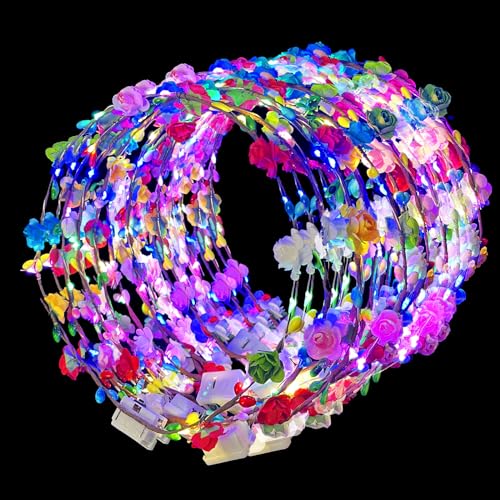 QSJQllo 50 Pcs LED Flower Crowns Headbands,Flower Crowns For Women,Mardi Gras Light Up Headbands Tiara Flower Crown Access...