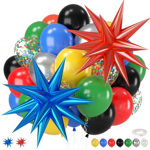 Black and Red Yellow Blue Balloons, 12 Inch Black Red Yellow Blue Green Metallic Silver Confetti Balloons with Star Foil B...