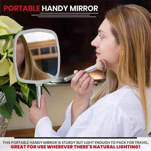 MIRRORVANA Professional Large Hand Mirror with Ergonomic Handle for Men & Women - Premium Handheld Haircut Mirrors for Barber and Salon - 9" x 13" (Elegant Silver Luxe Edition)