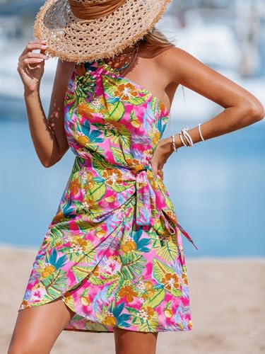 CUPSHE Women's One Shoulder Leaf Print Self-tie Short Dress Sleeveless Tiered Hem Formal Dress Casual Mini Dress