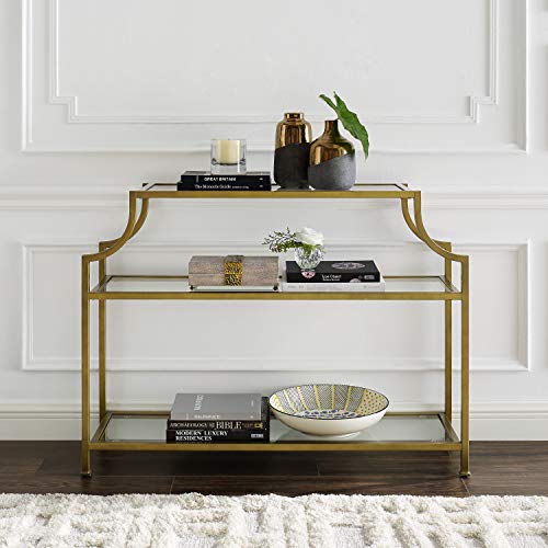 Crosley Furniture Aimee Sofa Console Table with Storage Shelves for Hall, Entryway, or Living Room, Gold and Glass