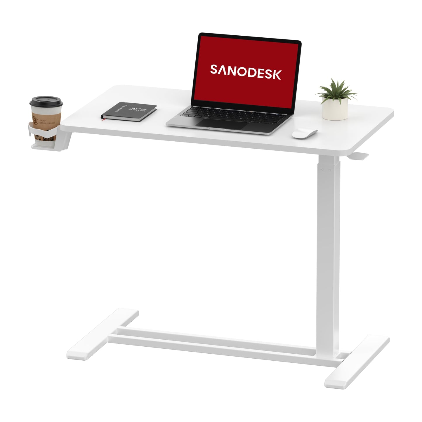 SANODESK Mobile Standing Desk with Hidden Wheels,Pneumatic Laptop Desk Rolling Computer Cart Movable Height Adjustable Small Sit Stand Desk for Home Office(27.6" W x 15.7" D, White)