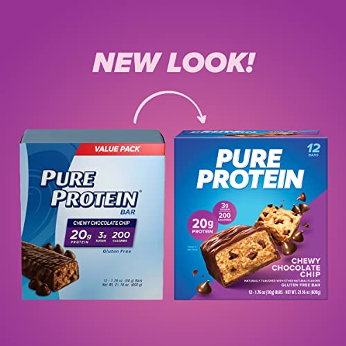 Pure Protein Chewy Chocolate Chip Protein Bars – 20g Protein, 3g Sugar, 190 Calories (12 count) Low Sugar* High Protein Sn...
