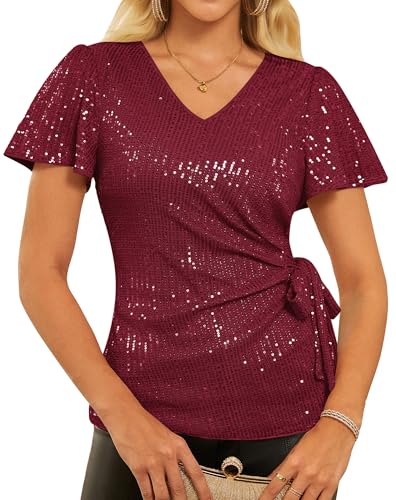 GRACE KARIN Womens Sequin Tops 2025 Ruffle Sleeve Sparkly Shirt, Glitter Party Blouses Dressy Concert Disco Outfits