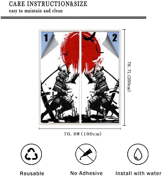 Japanese Samurai Stained Glass Film Watercolor Ink Samurai Sword Red Sun Printwindow Tinting Film for Home,Window Film Stained Glass 35.4Wx78.7L-Inch X2Pcs