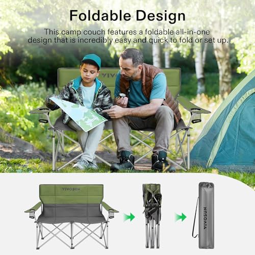 [outlets]VIVOSUN Double Camping Chair, Fully Padded Folding Loveseat, Portable Oversized Duo Chair with Storage Cup Holder...
