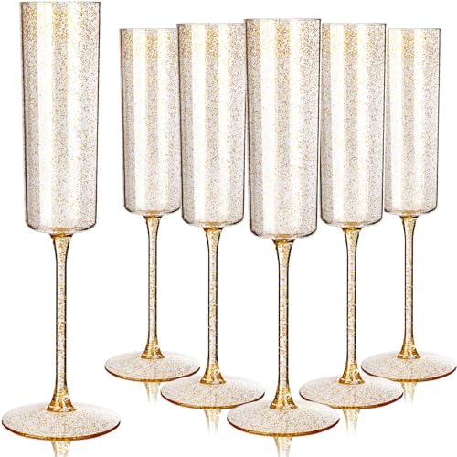 YOUBET 24 Pack Plastic Champagne Flutes - 6 Oz Gold Glitter Disposable Champagne Glasses - Square Plastic Wine Cups Weddin...