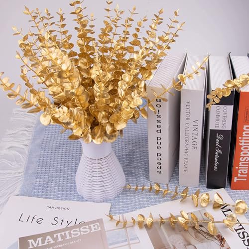 ABAJI Plastic Eucalyptus Golden Stems 12 Fake Faux Decorations Artificial Leaves Greenery Plant Leaf Home Office House Tab...