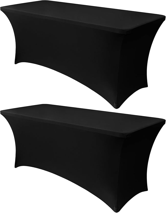 Obstal 6ft Stretch Black Spandex Table Cloth for Standard Folding Tables - 2 Pack Universal Rectangular Fitted Tablecloth ...