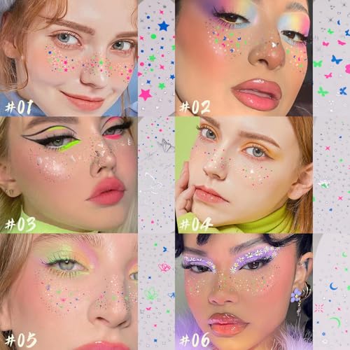 Noerrors 6 Styles Glitter Freckle Face Tattoo Sticker Sparkling Holographic Multichrome Speckle Patches Multi-color Face G...