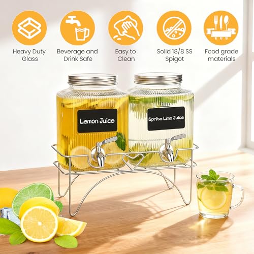 Lulonpon 2 x 4L(1.06 Gallon) Glass Drink Dispenser, Beverage Dispenser with Stainless Tap, Glass Water Juice Dispensers wi...