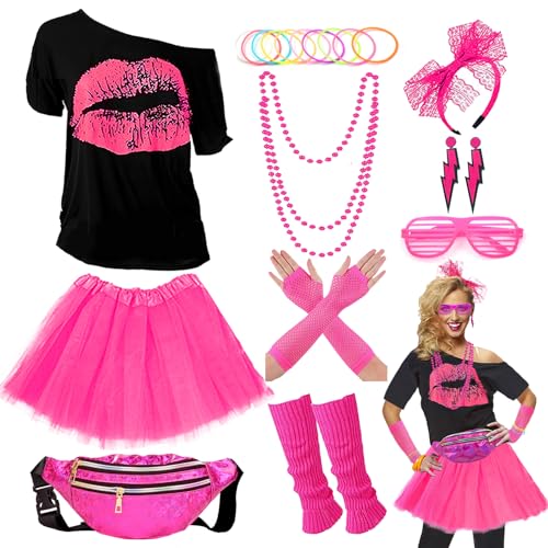 Upgraded 80s Outfit Costume for Women,80s Party Costume Accessory Sets with T-Shirt Tutu Skirt Waist Pack etc