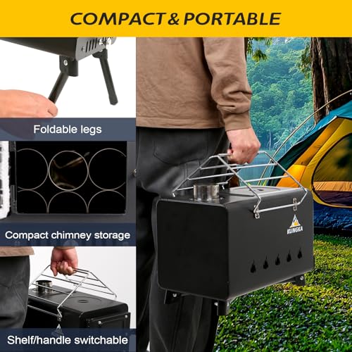 KUNGKA Black Wood Burning Tent Stove, 7 Section Stainless Steel Chimney, Portable Hot Tent Stove for Camping, Hunting, Ice...