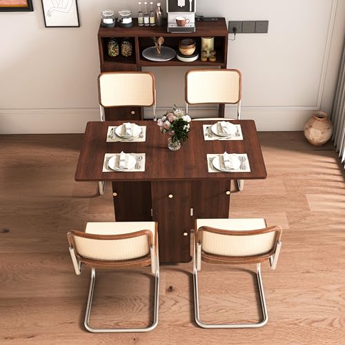 KEIKI Folding Dining Table for 4, Farmhouse Kitchen Extendable Table with Wall-Mounted Storage & Socket, Drop Leaf Tables ...