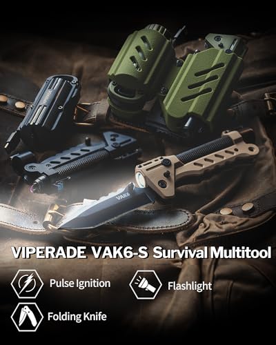 VIPERADE VAK6-S Survival Multitool with Folding Knife, LED Flashlight and Pulse Ignition, EDC Pocket Knife for men, Rechar...