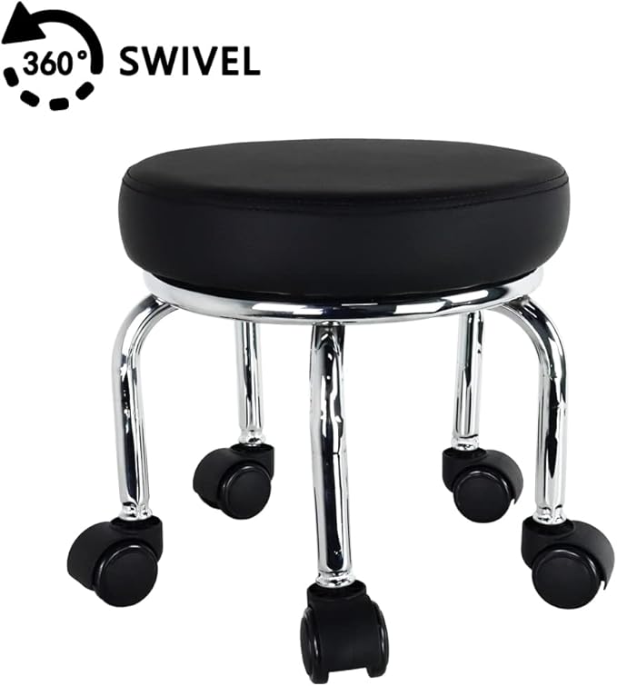 WKWKER Modern Roller Seat PU Leather Low Round Rolling Stool 360° Swivel Small Low Seat with Universal Caster Wheels Foot Stool for Home Office Garage Shop Fitness Sport H：12.4" （Black）